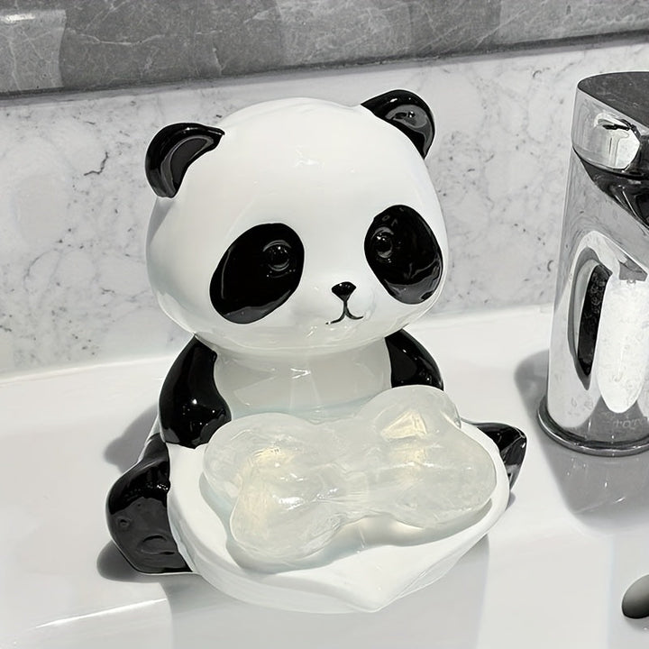Plato para Jabón de Panda Lindo con Drenaje - Sin Acumulación de Agua, Diseño Independiente, Decoración de Baño o Cocina en Porcelana Blanca y Negra, Incluye Soporte para Jabón para Almacenamiento Fácil