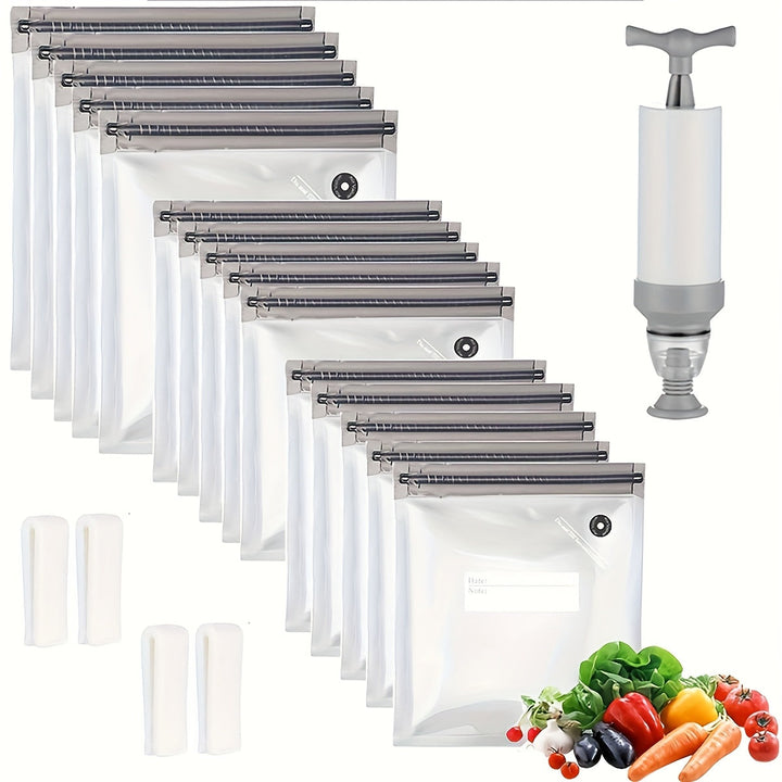 20 Bolsas de Almacenamiento de Vacío Reutilizables con Cierre Hermético y Cremallera - Material PE Duradero, Incluye Bomba Manual para Frescura, Diseño Transparente para Identificación Fácil, Ideales para Frutas, Verduras y Bocadillos - Perfecto para el