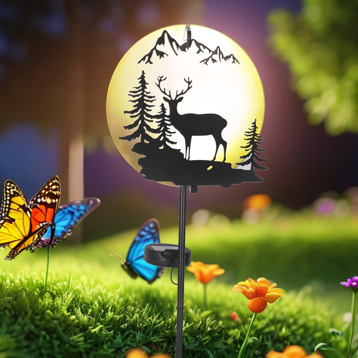 Una luz de jardín de reno solar, un poste de luz de ciervo circular de metal para la noche, con LED de alta luminosidad a prueba de agua de blanco cálido, adecuado para jardines festivos, jardines, patios, caminos, pasillos y decoraciones de jardinería.