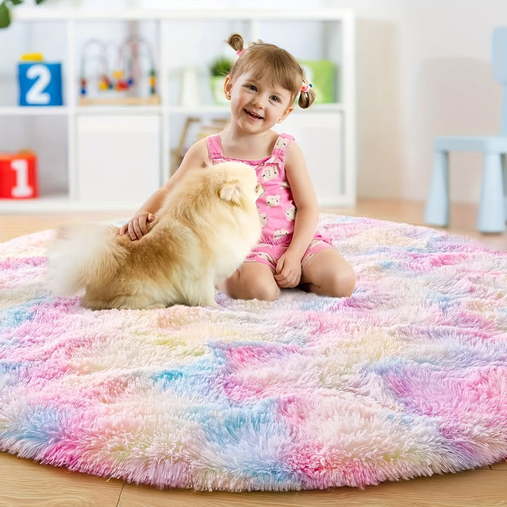 Alfombra Redonda de Peluche Suave - Diseño Acogedor de Tí-dye en Tonos Pastel, Alfombra Esponjosa de Piel Sintética para Dormitorio, Sala de Juegos o Habitación Infantil, Material de Poliéster Lavable a Máquina, Tapete para el Suelo del Dormitorio | Text