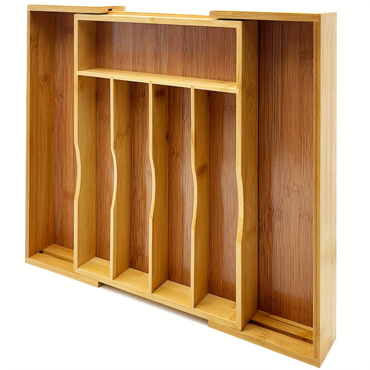 Caixa de Almacenamiento Extensible para Cubiertos de Teca, Organizador de Cajón de Teca, Bandeja para Utensilios con Divisores Estriados, Adecuado para la Organización de Cubertería y Herramientas de Cocina en Dormitorio o Sala de Estar