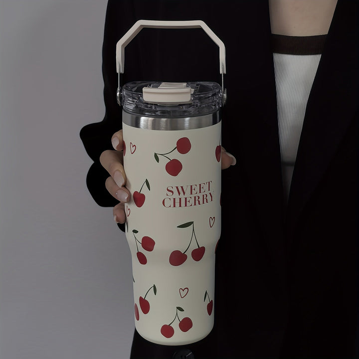 Térmico de acero inoxidable con forma de corazón y cereza, 33.44 oz, con popote y asa, reutilizable, ideal para viajes, gimnasio y actividades al aire libre, con dos bocas para beber, regalo perfecto para días festivos