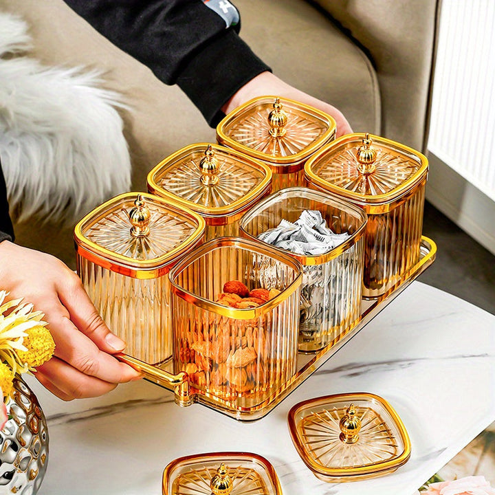 Juego de Tarros Sellados 3/4/6 con Bandeja, Tarro de Almacenamiento Plástico para Cocina y Comedor, Adecuado para Guardar Snacks, Frutos Secos, Galletas, Dulces, Granos Variados, Condimentos