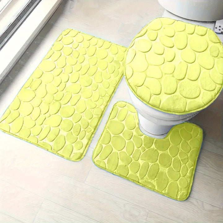 Juego de 3 alfombras de baño con relieve en forma de adoquines, ultra suaves y antideslizantes, alfombras absorbentes para bañera con contorno en forma de U clásico, accesorios y suministros para baño