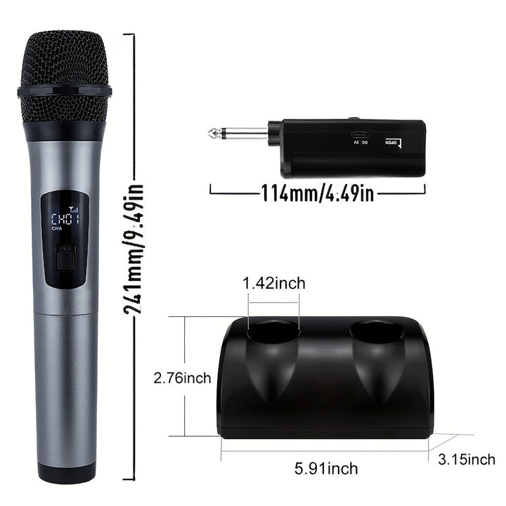 Micrófono inalámbrico Heikuding de 2.4GHz con base ajustable de 105°, montaje con clip y soporte de almacenamiento - Alimentado por USB/batería, diseño compacto para presentaciones en vivo y podcasting (negro/gris), equipo para podcasting, diseño elegant