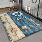 Un felpudo de puerta de madera azul náutico y blanco, lavable a máquina, antideslizante y duradero, adecuado para entradas, cocinas, baños y duchas, alfombra decorativa mullida.
