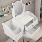 1 pieza de tocador moderno blanco con espejo redondo y bandeja giratoria de dos niveles - Ideal para dormitorio y artículos de viaje, estación de maquillaje multifuncional con cajón y estantes abiertos, tocador de viaje | Diseño moderno de tocador | Dise