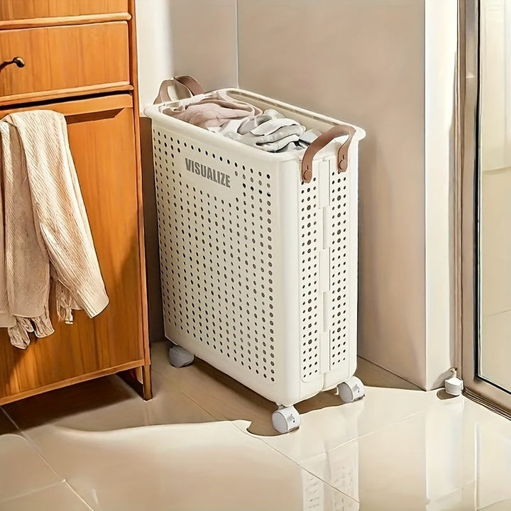 1 cesta de almacenamiento plegable blanca de tamaño medio-grande con ruedas - Organizador que ahorra espacio para toallas, ropa, juguetes y más - Caja plegable portátil de plástico con asas, ideal para el hogar, la cocina, el baño y el spa, solución de a