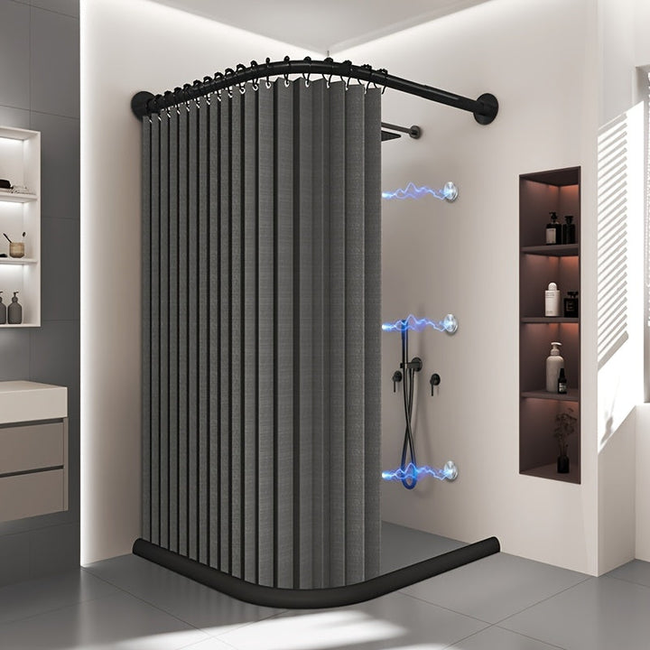 Cortina de baño plegable para esquinas curvas, separación de zona seca y húmeda, con ganchos enrollables negros, doble imán para fijación y material de lino imitación en los bordes. Ideal para baños en casa o vestidores. Cortinas para baños