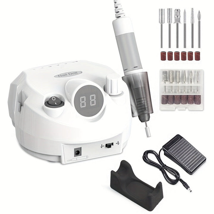 Amoladora de Uñas Electrónica Estacionaria con Pantalla Digital 110V, Herramienta de Escritorio con Velocidad Ajustable Rápida y Lenta, Pulidora Eléctrica Silenciosa de Alta Velocidad 35000 RPM, Incluye 1 Unidad Principal, 1 Mango, 1 Control Remoto y 6 C