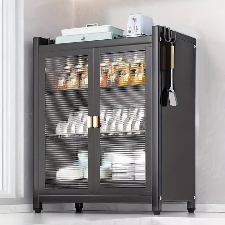 Estante de secado de platos de varios niveles moderno negro con puertas dobles a prueba de polvo, ganchos para utensilios y bandeja de goteo - Organizador de almacenamiento de cocina que ahorra espacio para platos, tazones y utensilios, estante de secado