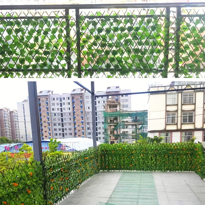 Paquete de 1 Valla de Privacidad Expandible de Madera Maciza - Diseño Ajustable con Hojas y Vegetación Artificial, Madera Marrón de Abeto para Jardín, Patio, Balcón - Barrera Decorativa Exterior para Navidad, Protección Solar, Mascotas & Decoración Rústi