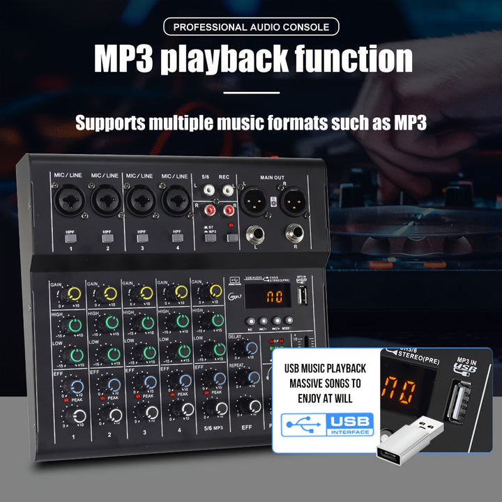 Consola Mezcladora de Audio Metálica Profesional TAVOOSOP de 6 Canales con Interfaz USB, Mezclador de Sonido Portátil para Transmisión en Vivo, Podcasting, DJ y Karaoke - , Sonido de Alta Fidelidad, Grabación Multicanal, Podcasting Escénico y Mezcla Musi