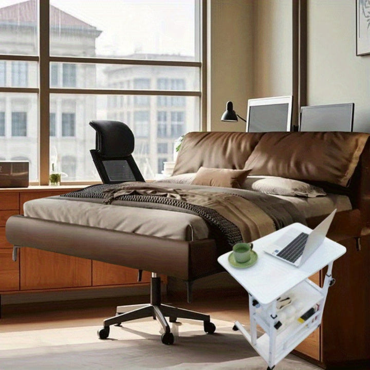 Escritorio y estantería de computadora de doble asiento, MDF con marco de acero, con ruedas univer, acabado blanco y madera - Ideal para trabajo en oficina en dormitorios y salas de estar, almacenamiento de computadora