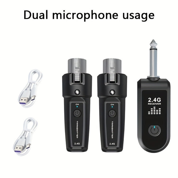 Adaptador inalámbrico para micrófono dinámico, sistema inalámbrico de micrófono 2.4Ghz XLR con 1 receptor + 2 transmisores, enchufe de 6.35mm, recargable, para mezcladora de audio, altavoz de micrófono dinámico, mezclador de sonido y amplificador