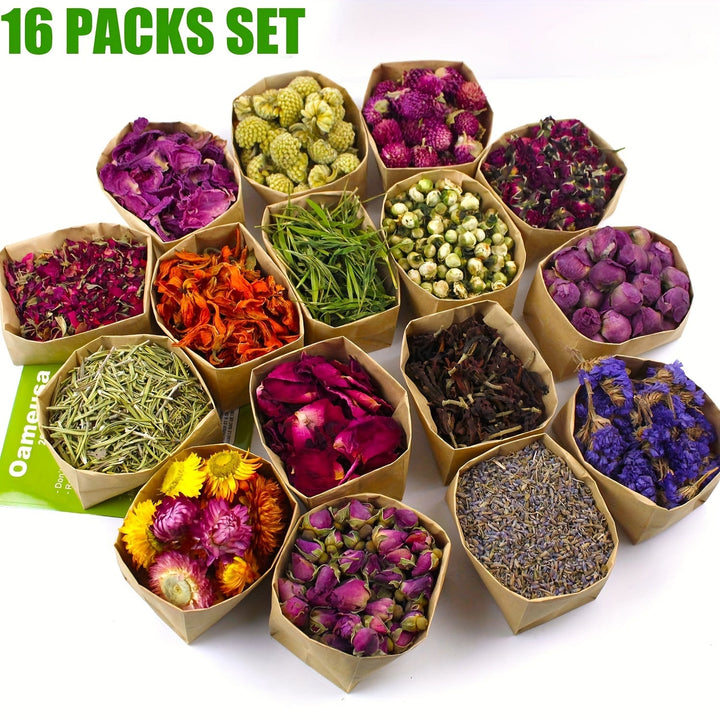 16 Bolsas de Flores Secas - Flores Secas Incluyendo Nomeolvides, Jazmín, Lavanda, Crisantemos, Rosas, Etc., Kit de Brujería, Decoración para el Hogar, Creación de Velas DIY, Creación de Marcos, Creación de Imágenes, Creación de Joyas.