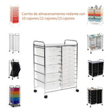 Carrito de almacenamiento con ruedas, 10/12/15 cajones, estructura metálica y cajones de plástico, multifuncional, práctico para el hogar y la oficina (Blanco transparente/Negro avanzado/Color2)