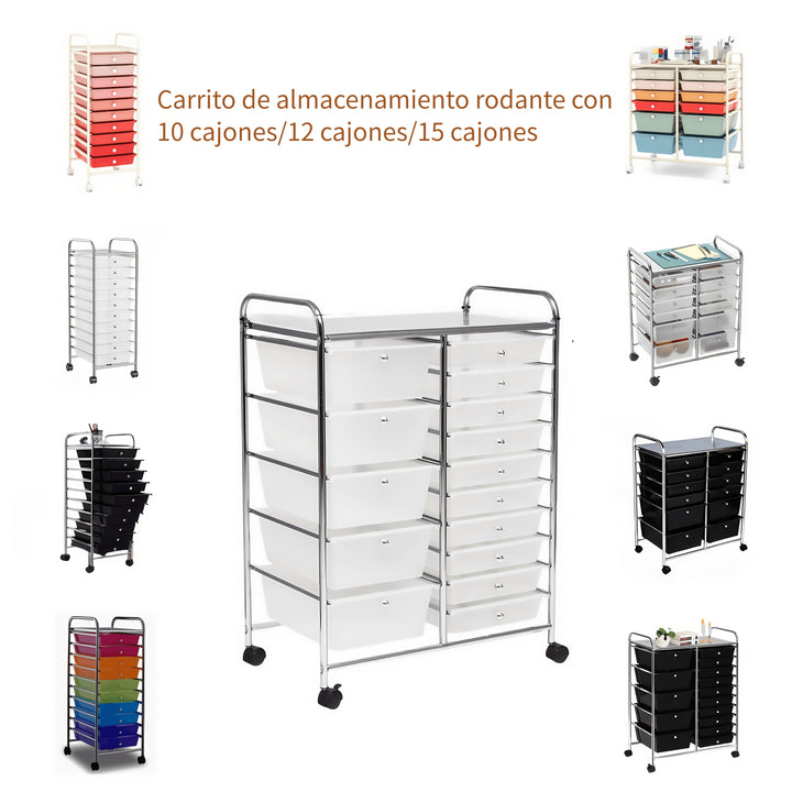 Carrito de almacenamiento con ruedas, 10/12/15 cajones, estructura metálica y cajones de plástico, multifuncional, práctico para el hogar y la oficina (Blanco transparente/Negro avanzado/Color2)