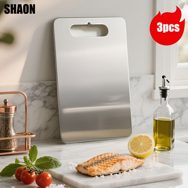 Conjunto de 3 tablas de corte de acero inoxidable SHAON - Tablas de picar para cocina - Platos de titanio de doble cara aptos para lavavajillas para preparación de comidas en exteriores y camping en casa