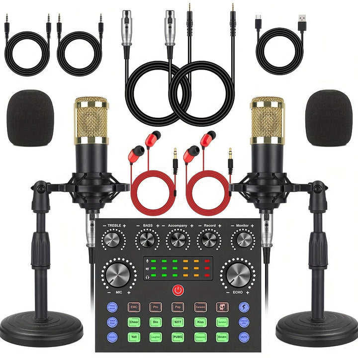 Paquete de equipo de podcast para 2, V8s Audio Interface con tarjeta de sonido en vivo todo en uno y micrófono condensador BM800, micrófono de podcast, perfecto para grabaciones, transmisiones en vivo.