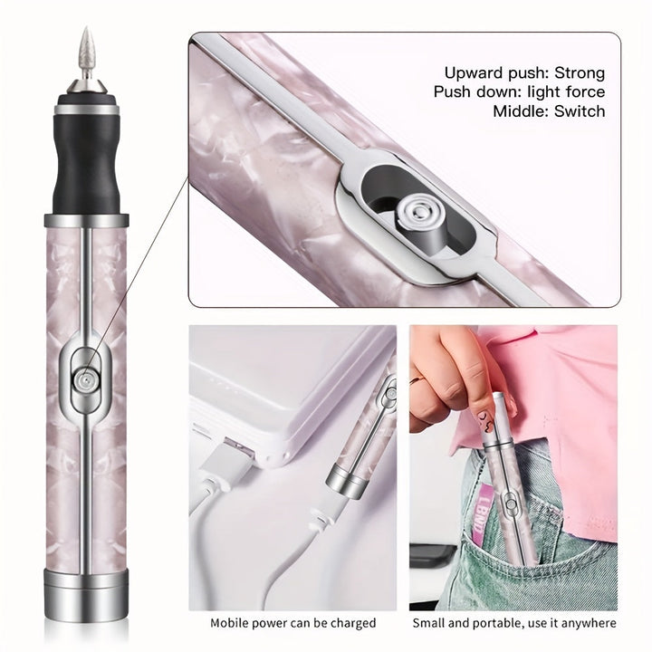 Kit de Taladro para Uñas USB con 18 Cabezales de Pulido, Herramienta Eléctrica Portátil para Pedicura y Manicura, Batería de Litio Duradera, Incluye Lima y Empujador, Esencial para Salón en Casa, Regalo Perfecto para Mujeres