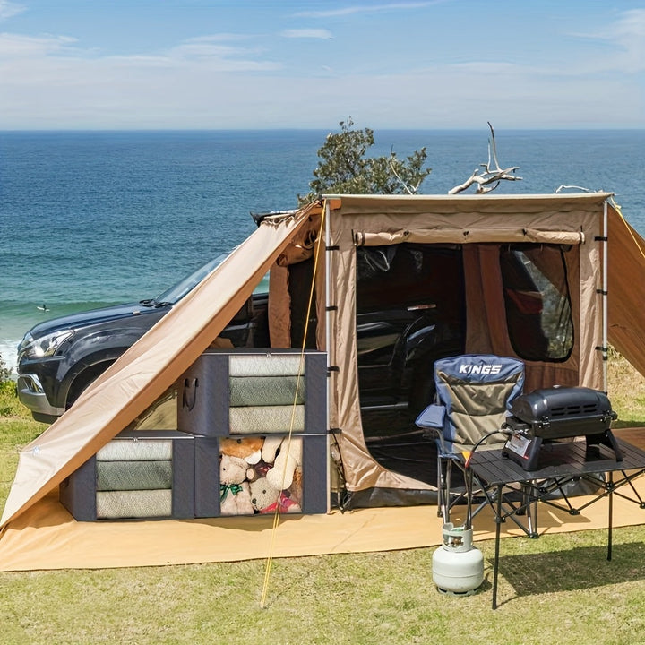 Juego de 3 Cajas de Almacenamiento Plegables de Gran Capacidad con Tapa Abatible y Asas, Contenedores Colapsibles Duraderos de Tela No Tejida para Armario, Dormitorio, Residencia Universitaria, Camping, Viaje - Recipientes Ahorradores de Espacio, Organiz