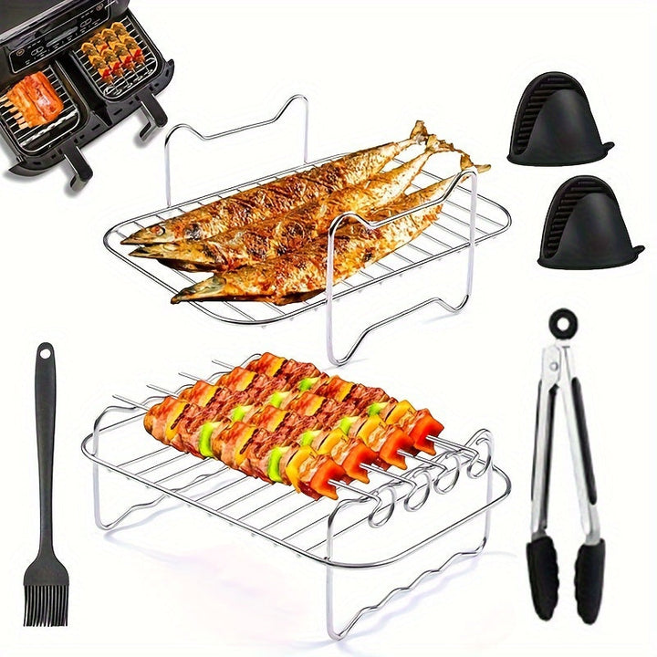 2 piezas/6 piezas, rejilla de aire frito de acero inoxidable de doble capa, multiusos, adecuada para Ninja Air Fryer AF300/400/451UK, Towert17088...... 1 pieza de clip de comida de silicona, 1 cepillo de aceite de silicona, 2 guantes de silicona, utensil