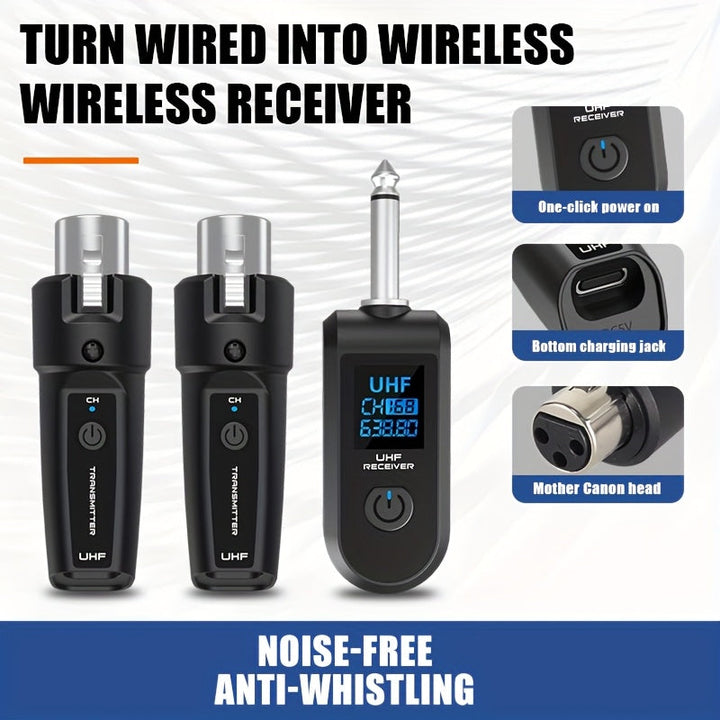 Sistema de Micrófono Inalámbrico con Adaptador UHF XLR - Recargable por USB, Compatible con Micrófonos Dinámicos, Guitarras y Sistemas de PA