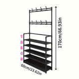 Estantería Multifuncional de 5 Niveles con 8 Ganchos Dobles - Organizador de Zapatos y Ropa en Acero Inoxidable, Marco Metálico Resistente para Sala, Baño o Tienda, Unidad Versátil de Almacenamiento, Estante Contemporáneo y Robusto, Ahorra Espacio