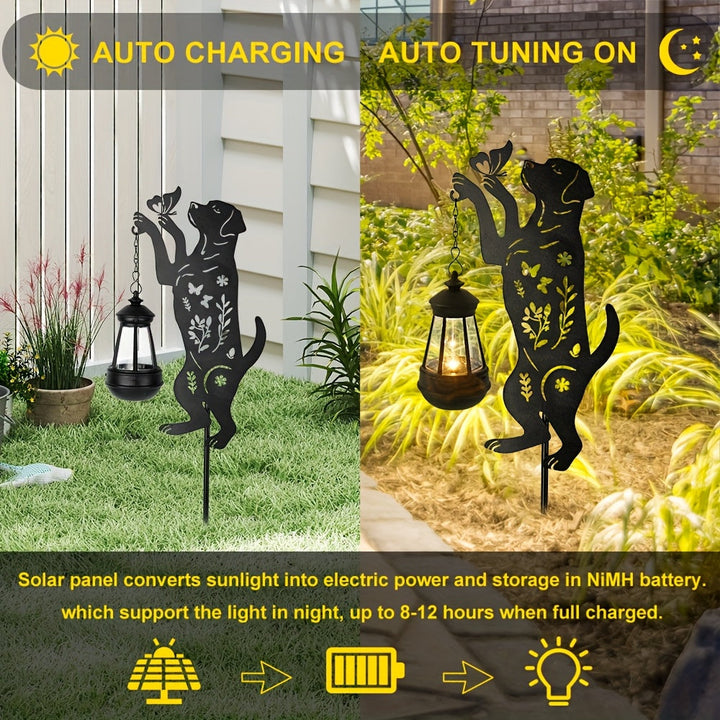 1 pieza de figura de perro solar y luz de jardín de mariposas - Iluminación decorativa exterior de hierro resistente a la herrumbre con sombra de acrílico, montaje semienterrado para patio, césped, caminos - Paneles solares de alta calidad para todas las