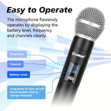 Sistema de micrófono inalámbrico profesional LBMGM, equipado con 2 micrófonos de mano y 2 packs de cinturón (con 1 auricular y 1 micrófono de solapa), adecuado para canto al aire libre, conferencias, pequeñas actuaciones y otros escenarios.