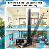 Adaptador sin varillas USB BT 5.3 de Largo Alcance, conexión máxima hasta 150 metros/49.21 pies, receptor sin varillas para escritorios y portátiles, compatible con Windows 8.1/Windows 10/Windows 11, ideal para conectar dispositivos sin cables