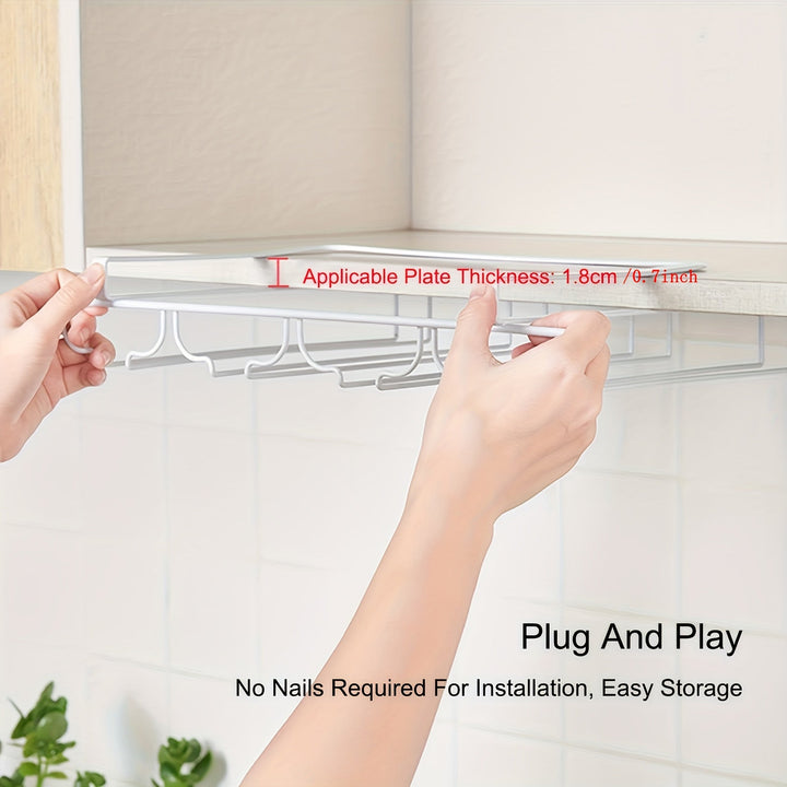 Soporte para Copas de Vino sin Taladro para Debajo del Gabinete - Estante para Vasos con Acabado Metálico y Fácil Instalación, Ahorra Espacio para Copas de Borgoña, Champán y Cóctel, Construcción Duradera