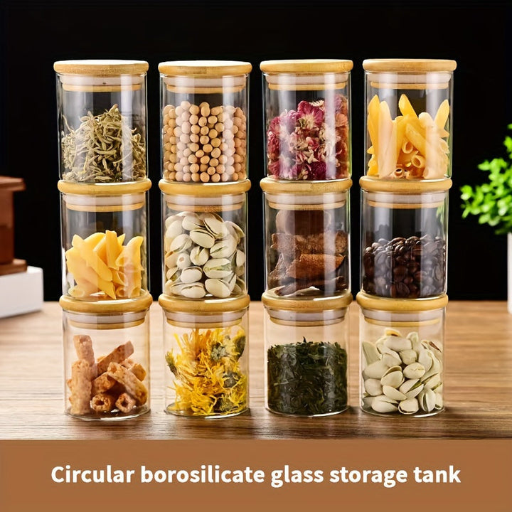 1 Juego de 12 Jarras de Vidrio Transparente Redondas de Uso Alimentario con Tapa de Bambú, Papel y Pluma, para Almacenamiento de Comida, Snacks, Hierbas, Granos y Frutas Secas, con un Estilo Simple.