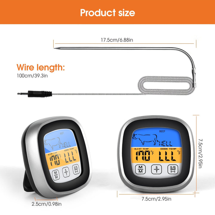 Termómetro digital HOTU con pantalla táctil, probeta de acero inoxidable y temporizador de reloj - Ideal para cocina, cocción, horneado, líquidos, dulces, parrillas, hornos - Material ABS, funcionamiento con batería, termómetro para cocción