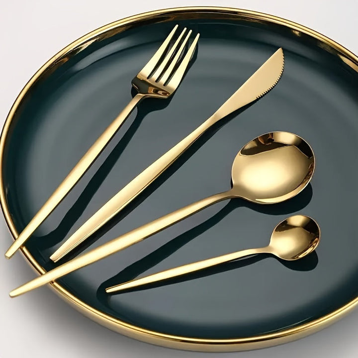 Juego de 16 piezas de cuchillos, tenedores, cucharas y cucharitas de té de acero inoxidable. Pulidos con revestimiento dorado de titanio, aptos para lavavajillas