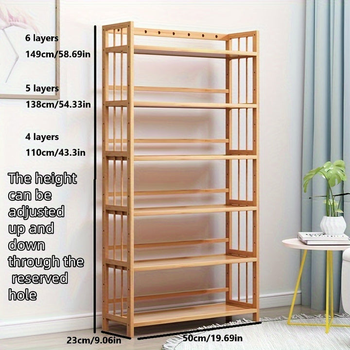 1 estante de bambú ajustable de 4-6 niveles, diseño independiente, adecuado para el hogar, sala de estar o cocina, ahorrador de espacio, duradero, elegante y fácil de montar.