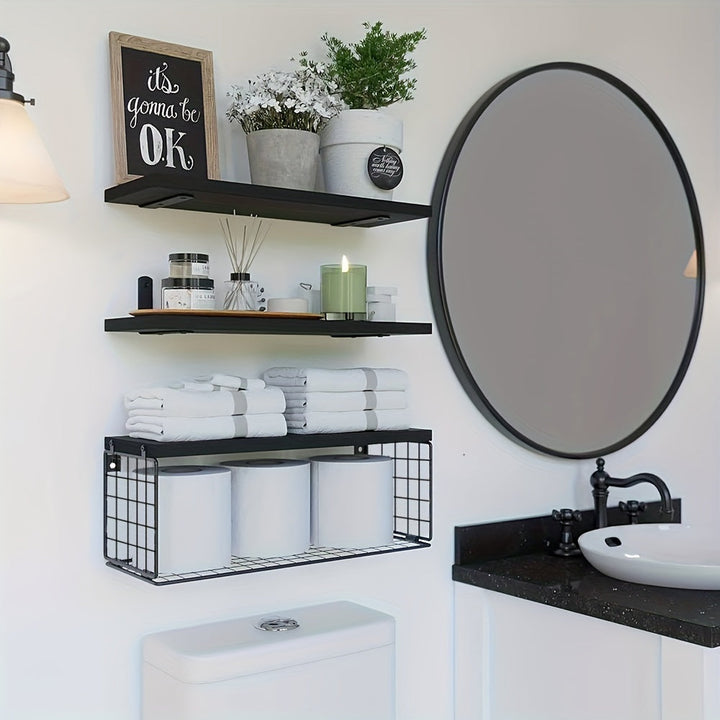 1 Juego, Estantes Flotantes De Pared, Con Cesta De Almacenamiento De Papel Higiénico, Estante De Baño De Pino Macizo Rural, Materiales De Madera, Instalación En La Pared