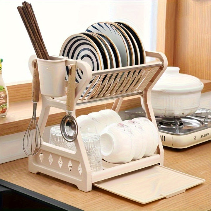 Estante de platos de cocina con soporte para utensilios, soporte para tablas de cortar y almacenamiento de tazas, adecuado para platos, tazones y herramientas de cocina, organización y exhibición de cocina para cuatro estaciones.
