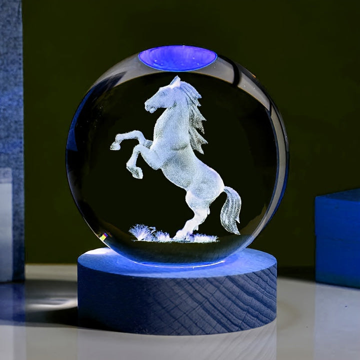 1 Pieza, Cristal Con Diseño De Caballo Grabado Con Láser 3D Con Base De Luz LED De Madera, Adorno De Decoración Del Hogar, Bola De Cristal De Luz Nocturna