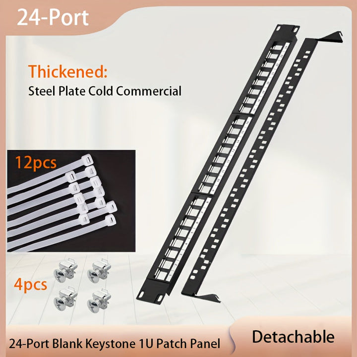 Panel de Conexión Keystone 1U de 24 Puertos, Montaje en Rack Metálico de 19 Pulgadas, Espesor Aumentado de 1.5mm, Tomas Keystone Cat6/Cat6a/Cat7 (Vendidas por Separado), Barra de Gestión de Cables Incluida,