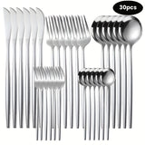 30 piezas de cubiertos de acero inoxidable - Elegantes utensilios pulidos a espejo, cuchillos para carne, tenedores y cucharas de alta calidad, aptos para platos principales y postres.