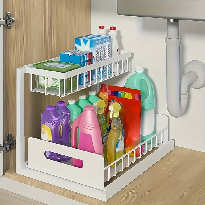 1pc Estante Extraíble de Doble Capa para Debajo del Fregadero, Estantería Multifuncional de Acero al Carbono para Cocina y Baño, Adecuado para Organizar Esenciales y Productos de Limpieza - /Blanco/Gris
