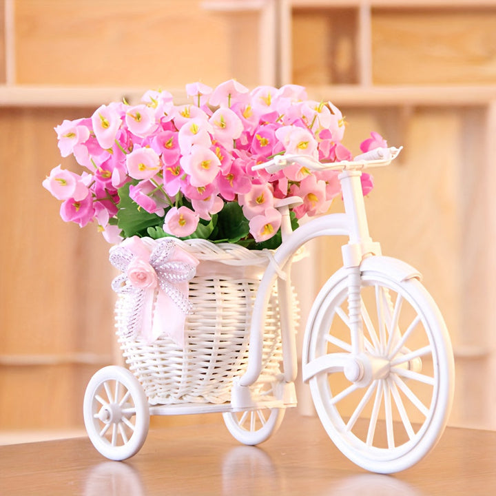 1 Macetero Elegante de Bicicleta Blanca con Cesta de Enredadera Rosa - Decoración Plástica Estilosa para Hogar, Ideal para Sala, Escritorio o Librería | Perfecto para Supermercados y Ramos, Adorno de Bicicleta