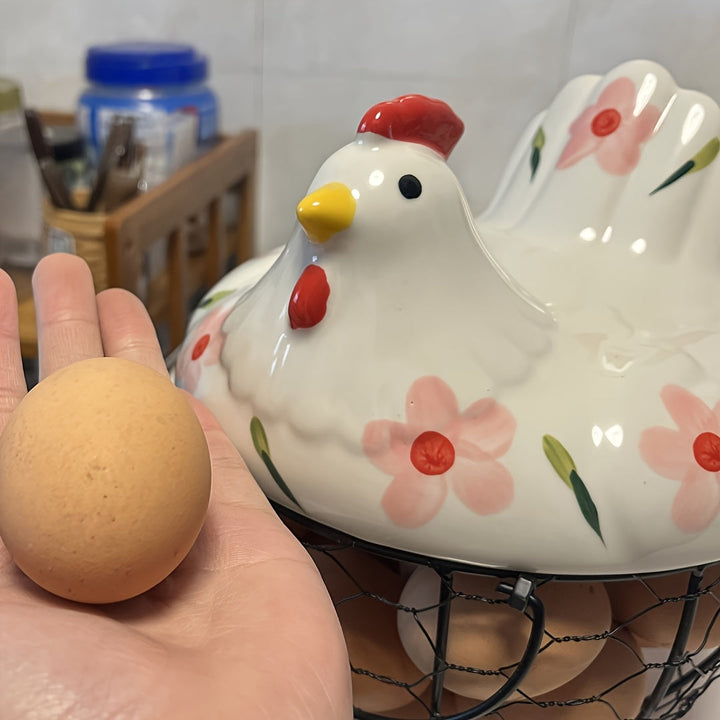 Cesta de huevos de alambre de metal cerámico rústico con tapa - Organizador de almacenamiento de cocina multifuncional para frutas y verduras, decoración duradera y elegante con diseño floral, soporte de huevos para refrigerador.