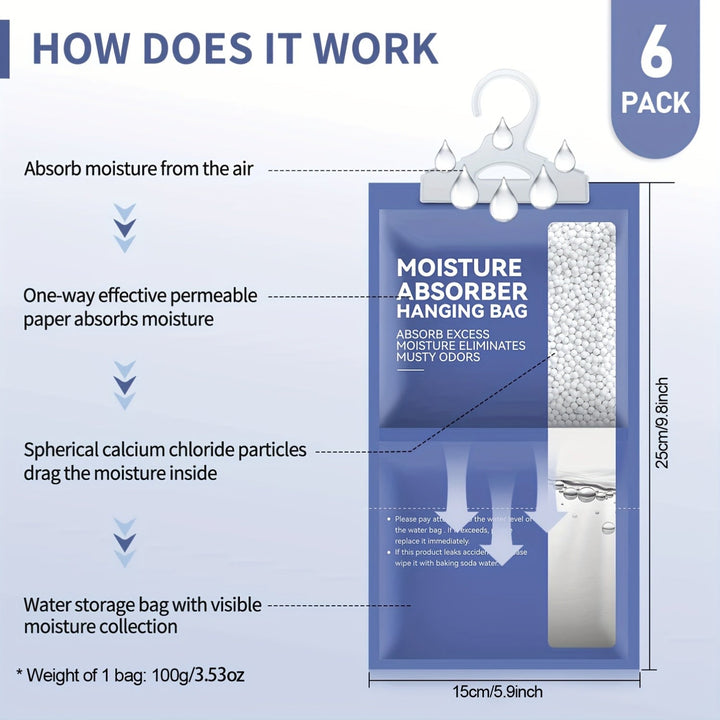 6 Bolsas de Deshumidificadora Colgante, Paño de Cloruro de Calcio de Alta Eficiencia, Adecuado para Armario, Baño, Bolsas de Humedad, Sin Fragancia, Se Puede Colgar en Armario, Baño, Elimina Olores y Muestras, Muy Adecuado para Uso en Casa y Viajes