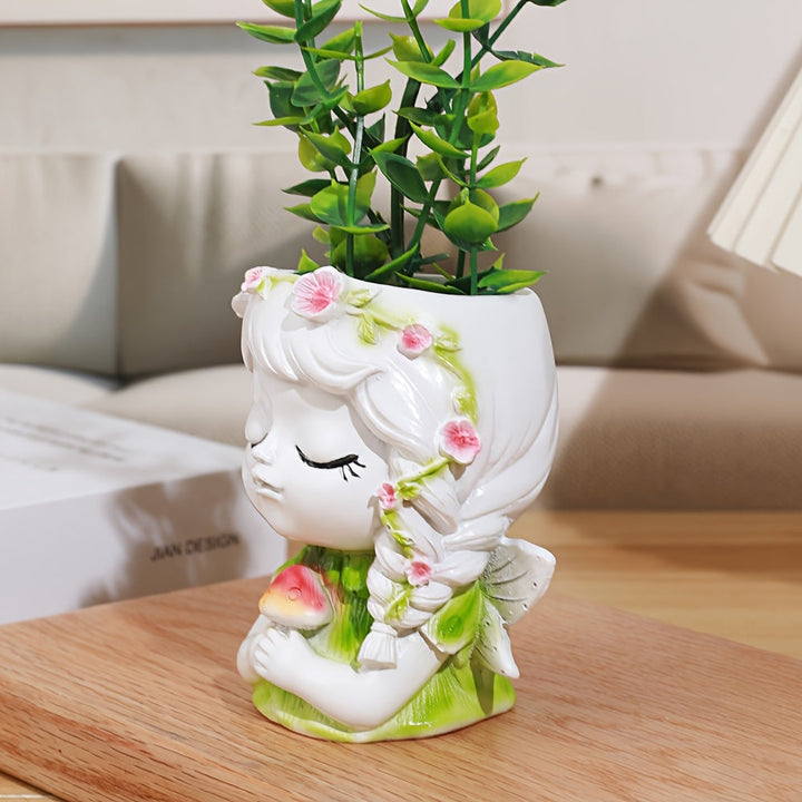 1pc Decoración de Jarrón de Resina con Ángel - Adorno Clásico para el Hogar con Hojas Verdes y Flores Rosas, Diseño Artesanal en Base para Sala de Estar, Dormitorio u Oficina, Decoración de Ángeles, Arte Detallado