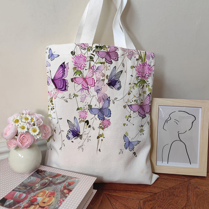 1 pieza de bolso de lona para mujer con diseño de mariposa y flores - Ligero, plegable, duradero para compras en bibliotecas, escuelas y uso diario, bolso escolar | Diseño floral de mariposa | Bolso plegable