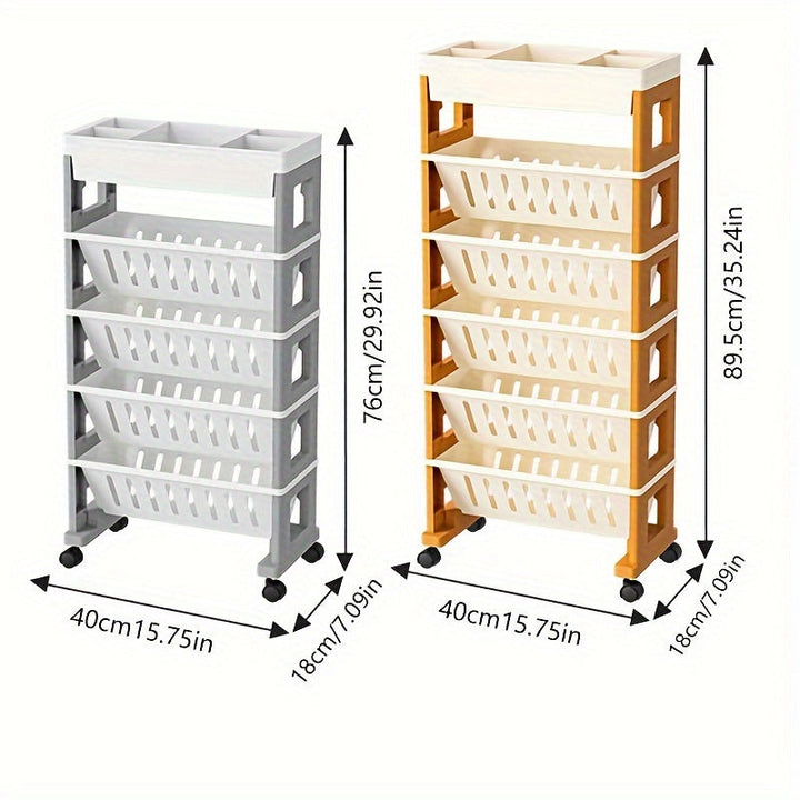 1 Mesa Lateral Rodante con Estantería - Carrito Moderno de Plástico de 3 Niveles con Ruedas, Blanco y Detalles de Madera, Organizador de Almacenamiento Multiusos para Aula, Oficina y Hogar, Decoraciones para Estanterías