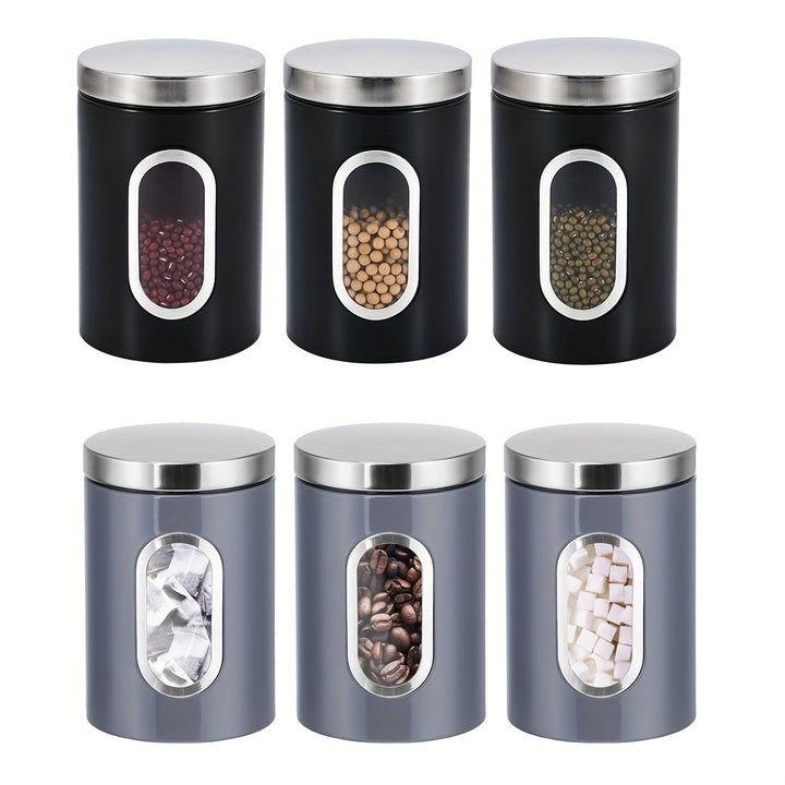 Juegos de Recipientes para la Cocina, Set de 3 Piezas para Almacenar Azúcar, Harina y Té en Acero Inoxidable con Ventana Transparente para Organizar el Mostrador